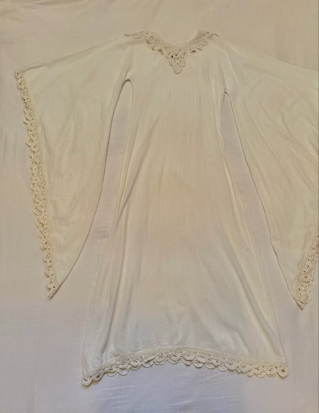 late 60s white gauze maxi dress with massive angel sleeves and crochet 