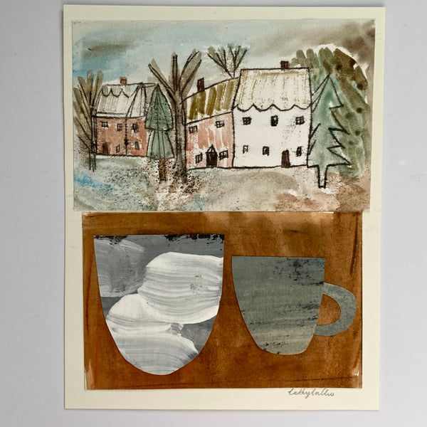 Image of Winter window with snowy bowl - mixed media artwork 