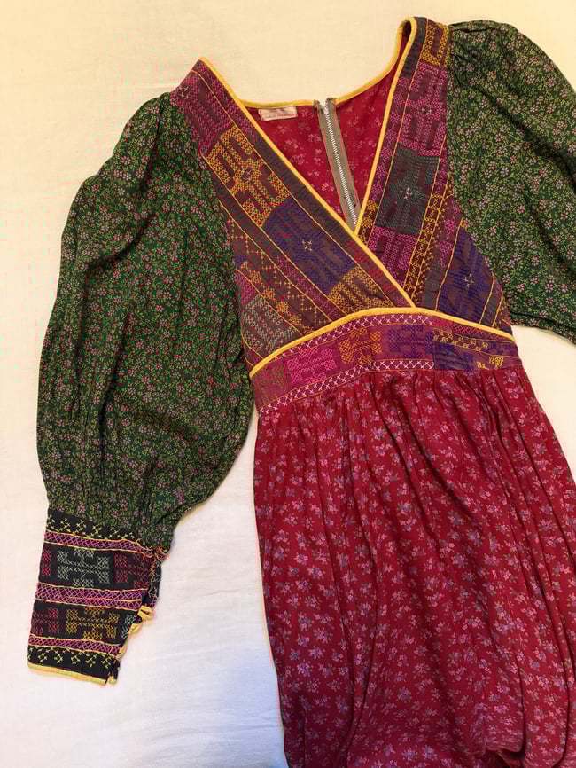 1970s Afghani hand crafted embroidered poet sleeve bohemian dress