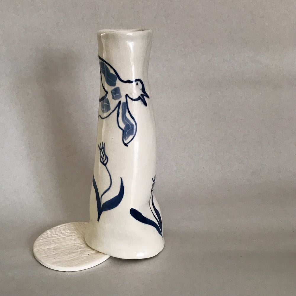 Image of Bud vase with dog, bird and flowers 