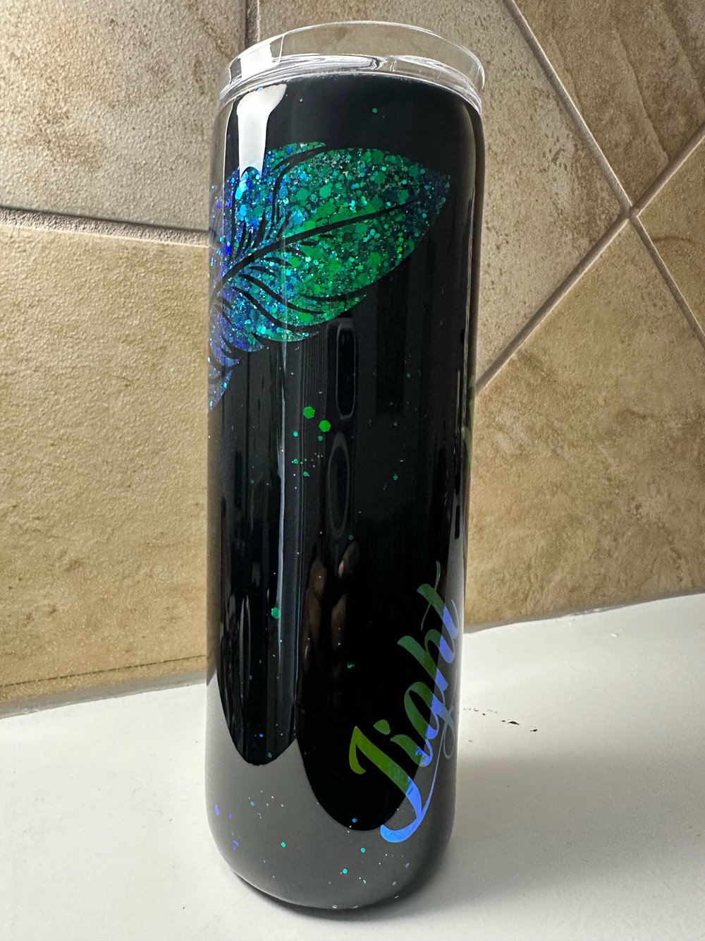 Image of Peek A Boo Glitter Feather Tumbler