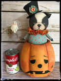 Bull Dog Halloween doll container ghost Folk Art Pumpkin Jack o lantern