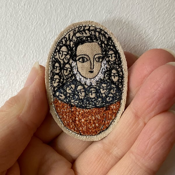 Image of NEW WORK A regal woman in midnight blue and copper - smaller embroidery brooch