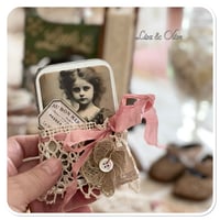 Image 2 of Reserved for Silvia A Petite snippet sample french lace book in a tiny tin.