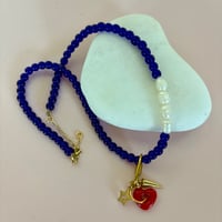 Image 1 of Blue glass bead and pearl necklace with carabiner and heart 
