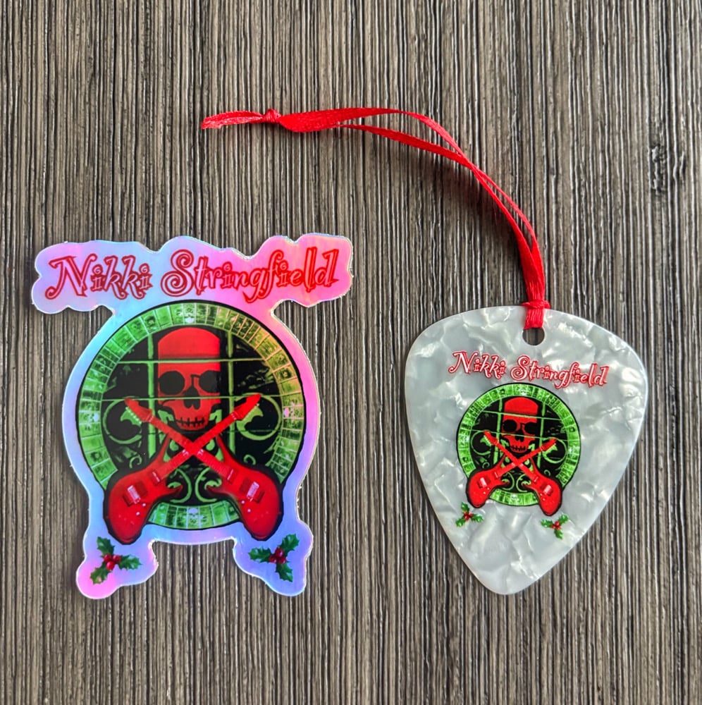 Image of NS Jumbo Guitar Pick Ornament & Holographic Holiday Sticker set 