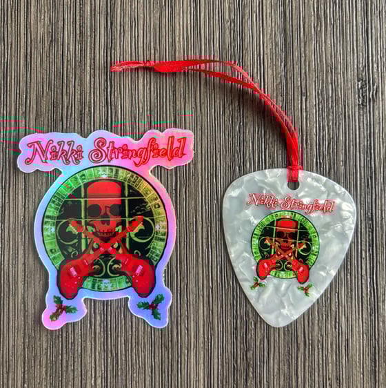 Image of NS Jumbo Guitar Pick Ornament & Holographic Holiday Sticker set 