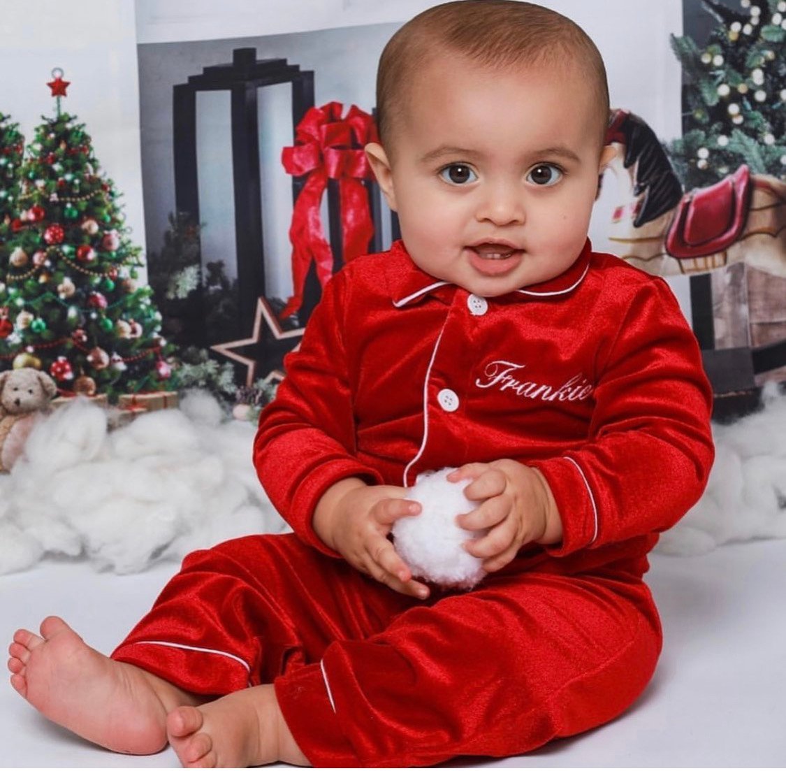 Boys personalised red velvet pyjamas