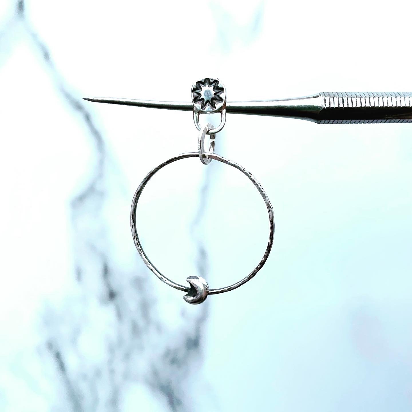 Image of Handmade Sterling Silver Celestial Star And Moon Hammered Hoop Earrings 925