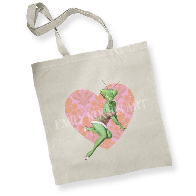 Natural Cotton Tote // Pink Heart Retro Mantis Alien Pinup