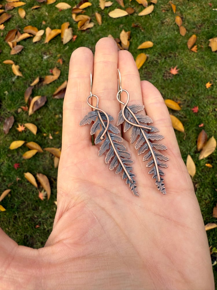 Image of LARGE Copper Autumn Fern Dangle Earrings