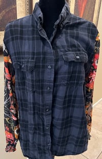 Image 2 of Vintage Funky Black Flannel Shirt Floral Sleeves Steampunk Cat