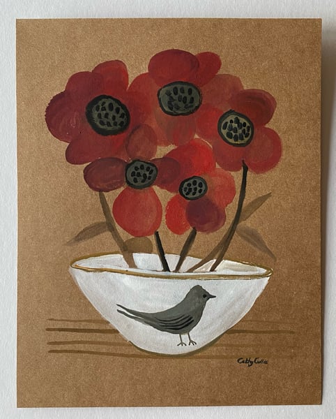 Image of 26b. Original work on brown paper - poppies in a bird bowl