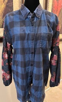 Image 3 of Vintage Blue/Black Flannel Shirt Floral Sleeves & Black Birds