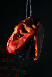 Image 2 of Dark Ruby T-Rex skull pendant with crushed opal teeth & J-holder.