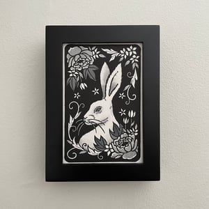 Rabbit And Peonies Linocut Print