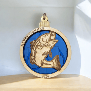 Image of Merry Fishmas Christmas Wooden Ornament with GLASS Middle