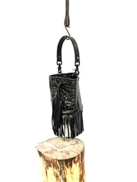 Image 1 of Croc Embossed Black Fringed Leather Top Handle Bucket 