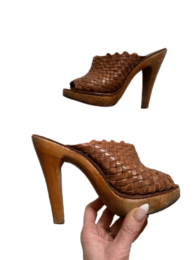 70s wood and leather basketweave mule platforms 