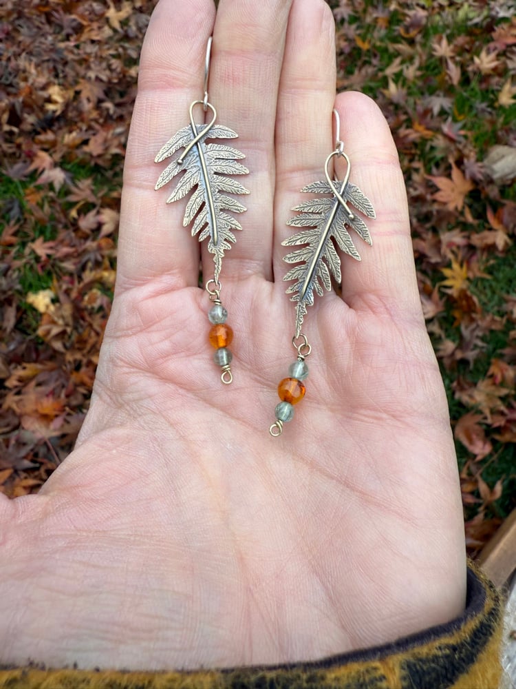 Image of Brass Licorice Ferns Apatite Amber Earrings