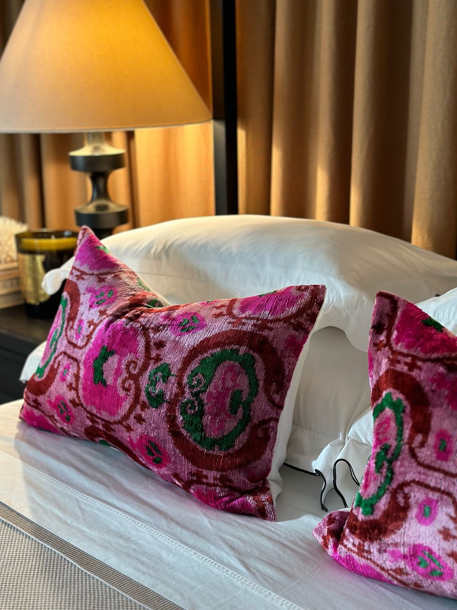 Image of Pink and Green Ikat Velvet Cushion 