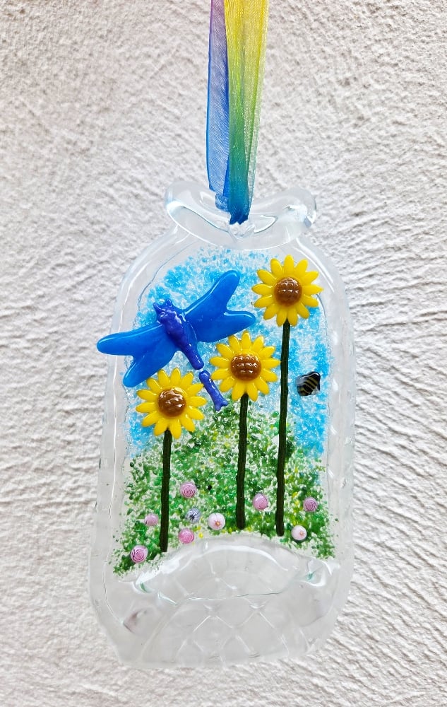 Image of Recycled Fused Glass Bottle with Dragonfly and Sunflowers 