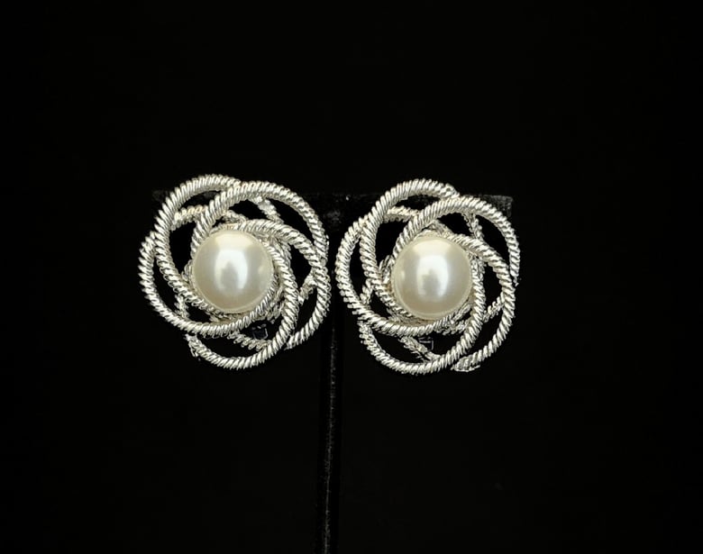 Image of Silver & Pearl Swirl Clip - On Earrings