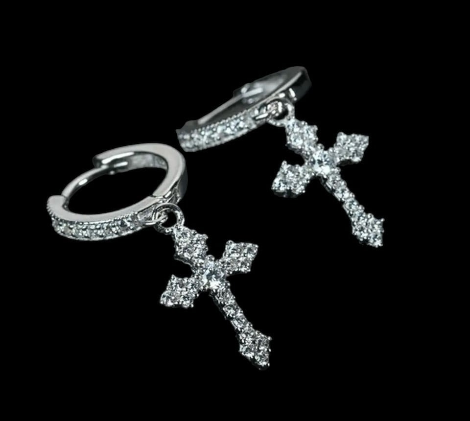 Image of Cross Drop Hoop Earrings