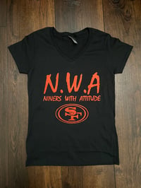 Image 1 of WOMEN’S N.W.A BLACK V-NECK SHIRT, SHINY GLITTER RED LETTERS