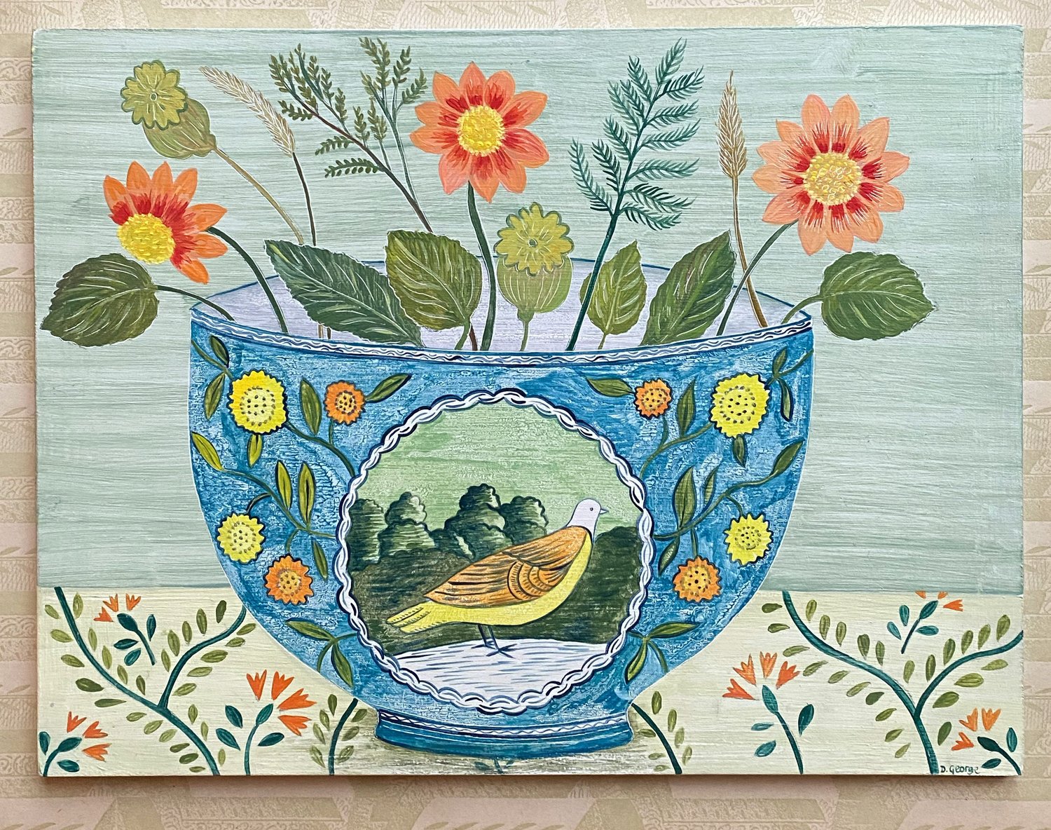 Image of Bird bowl and orange flowers 