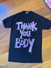 Image 2 of Black 70s style t shirt with light pink text (size14/tightmedium)