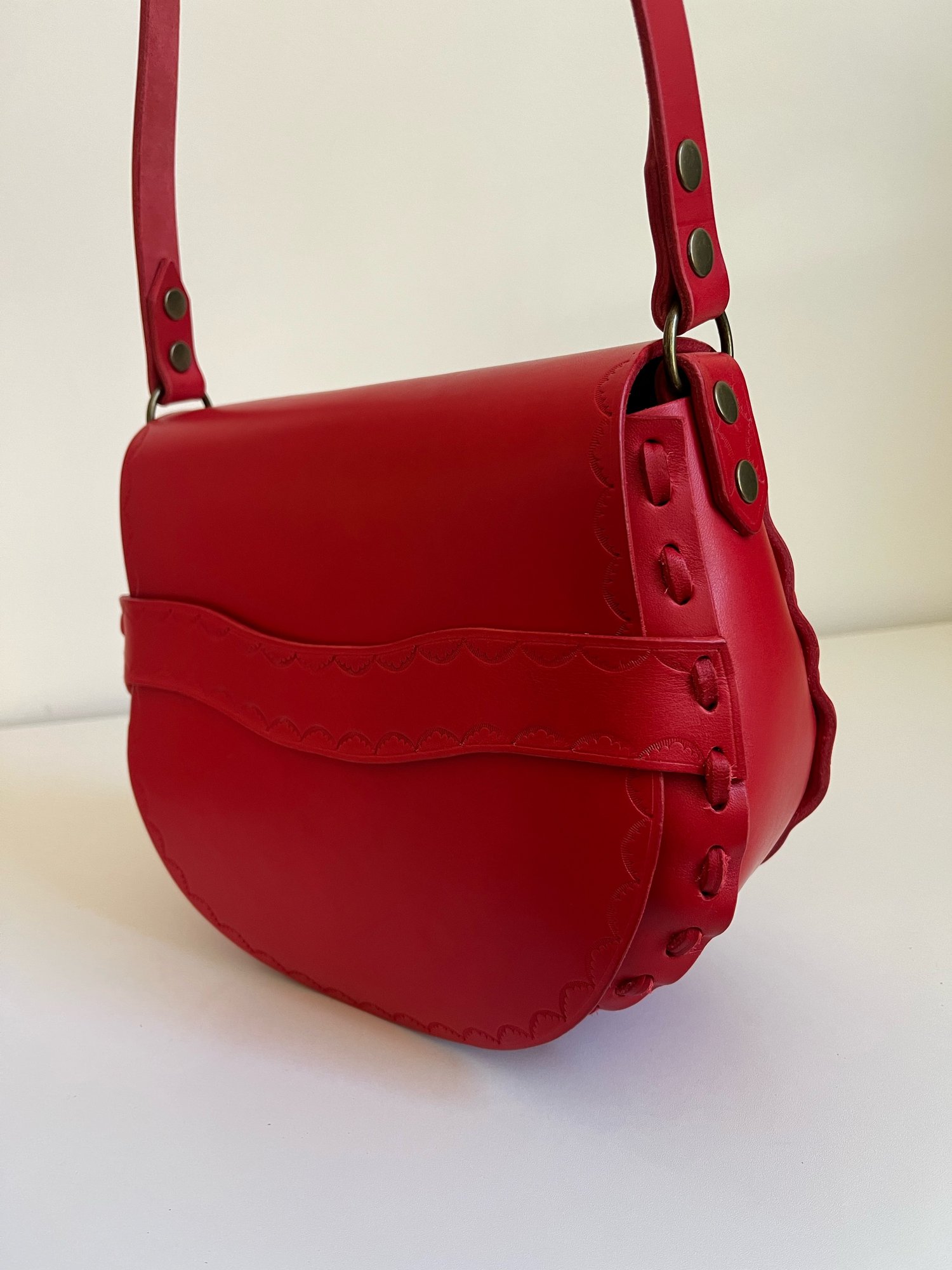 Image of Candy Apple Red Vachetta Crossbody Saddle Bag