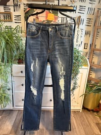 Image 1 of Fashion Nova distressed dark wash denim 