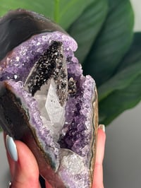 Image 3 of AMETHYST ON A CUSTOM STAND WITH A PERFECT SUGAR COATED CALCITE POINT -URUGUAY-