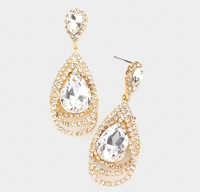 Teardrop Centered Rhinestone Trimmed Dangle Evening Earrings
