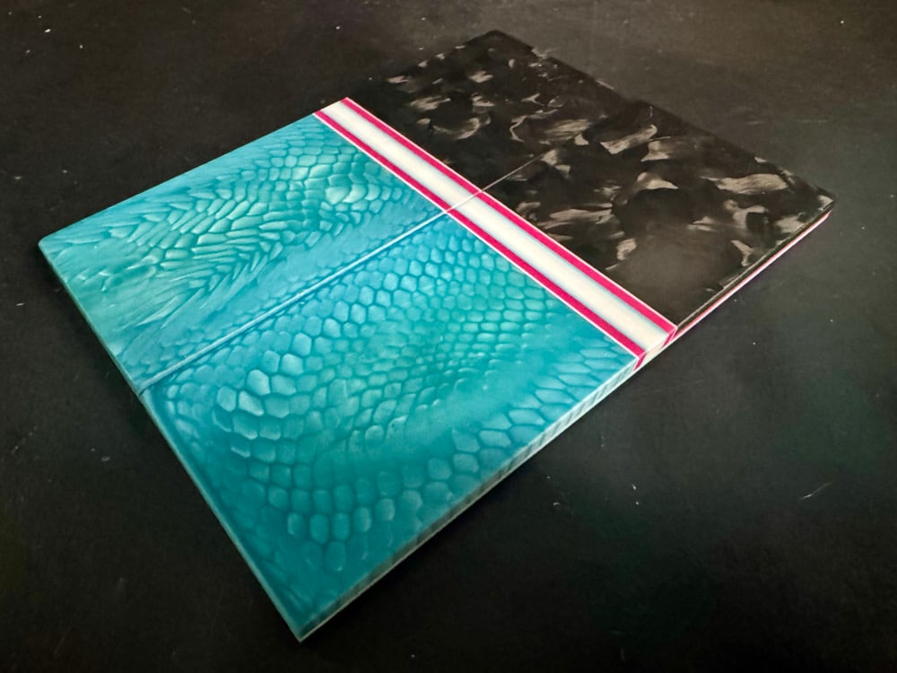 Image of Large Flake Carbon Fiber & Teal Juma Resin GLOW Segmented Knife Scales