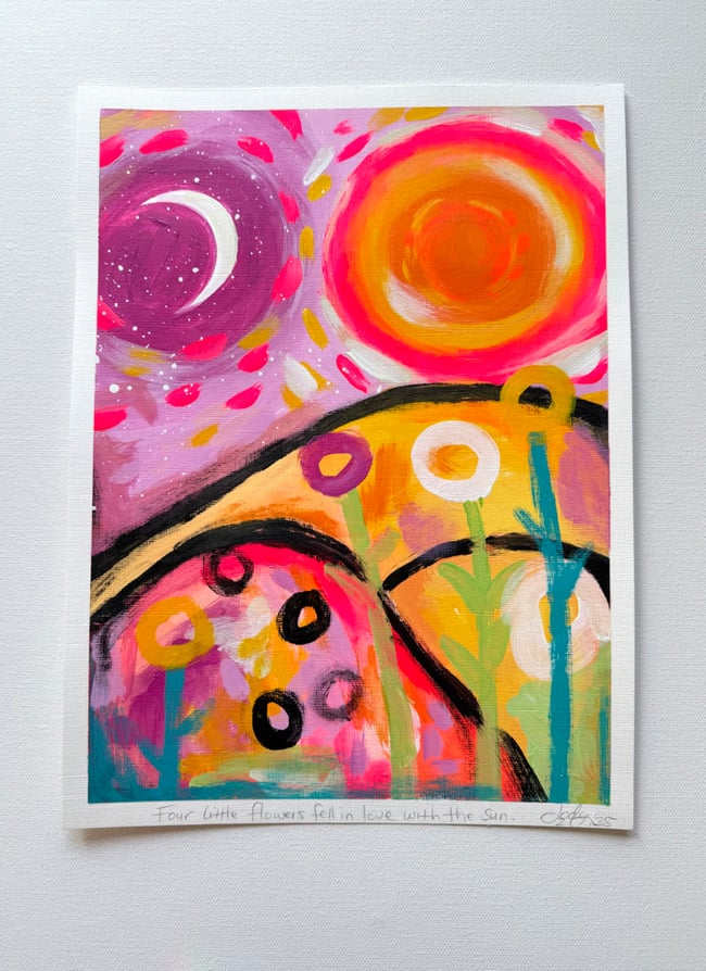 Four little flowers fell in love with the sun. Original paper painting.