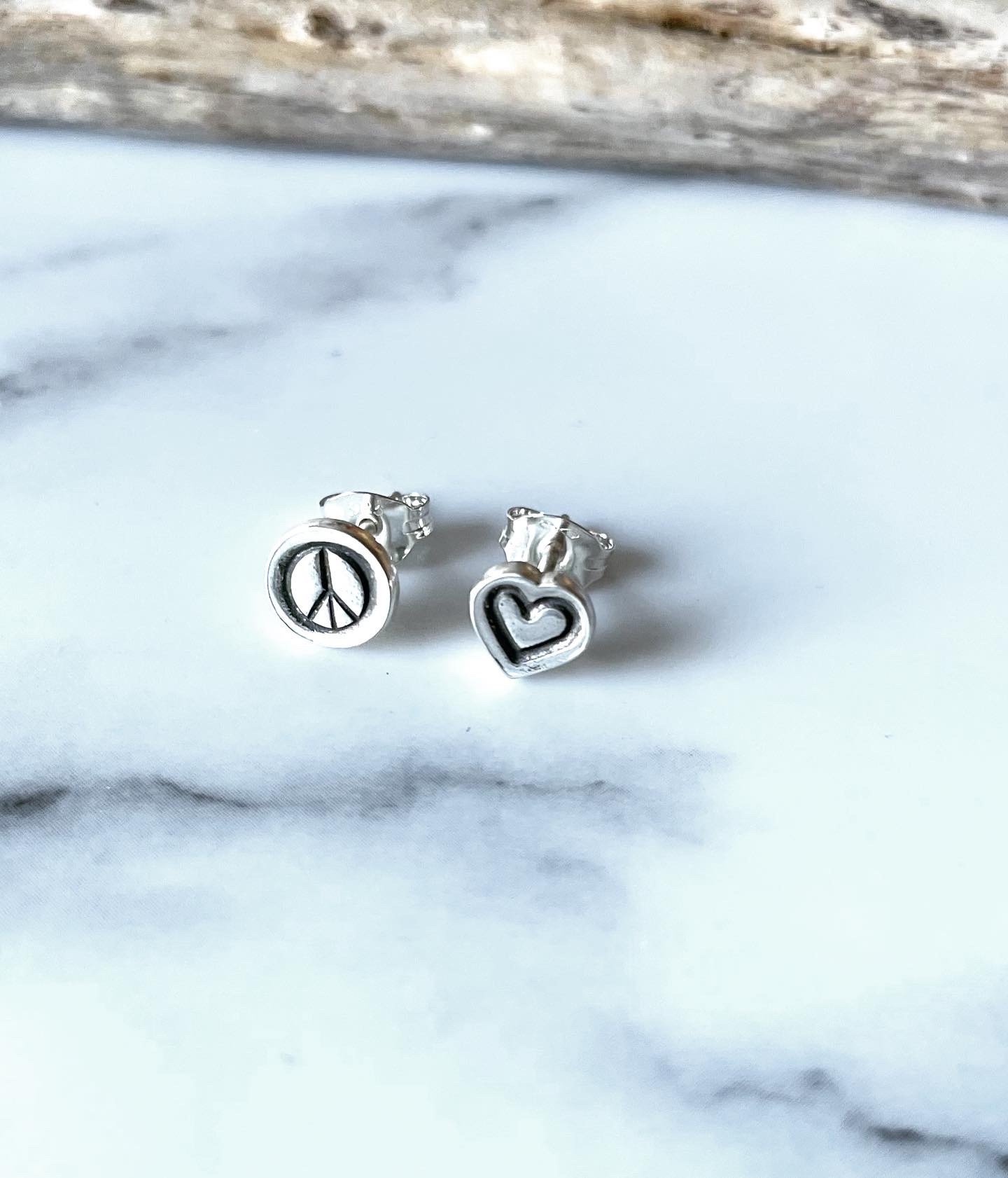 Image of Two Pairs Of Handmade Stud Earrings - Mismatched - Moon & Sun, Peace & Love Heart