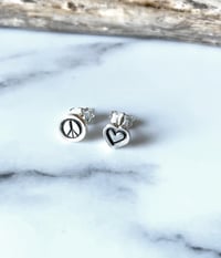 Image 3 of Two Pairs Of Handmade Stud Earrings - Mismatched - Moon & Sun, Peace & Love Heart