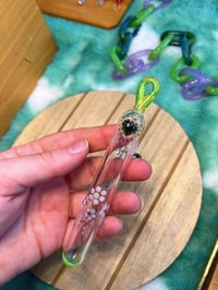 Image 3 of Extra Fancy Hanging Whisker Bank - Green Heart and Pink Flower Patch with Swirly Greeb Heart Charm