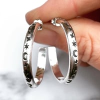 Image 1 of Handmade Sterling Silver Celestial Star And Moon Hoop Earrings 925