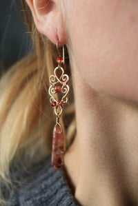 Image 4 of Brass + Red Garnet Woven Earrings