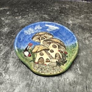 Image of Stoneware Spoon Rest - Charming Mushrooms with Gnome on a Handmade Spoon Rest