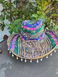Image 5 of Dolly cowboy hat - recycled sari fabric green pink blue