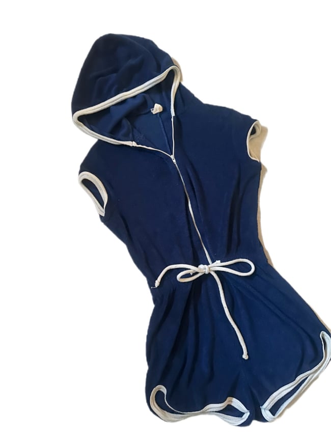 70s navy terry cloth romper with zip and hood