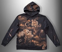 Image 1 of “FRANKENSTEIN AND HIS BRIDE” CUSTOM BLEACH PAINTED PULLOVER HOODIE XL