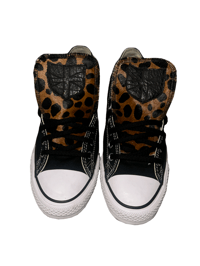 Image 1 of BLACK LEATHER SHIELD LEOPARD LOW TOP CHUCKS 