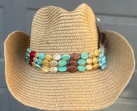 Image 1 of Brown Crushable Cowboy Hat Layered Bead Band Feathers