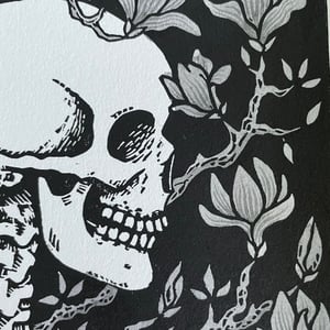 Skeleton And Magnolias Linocut Print