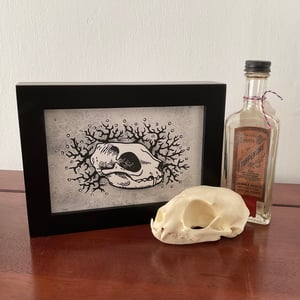 Cat Skull Trees Linocut Print With Watercolor